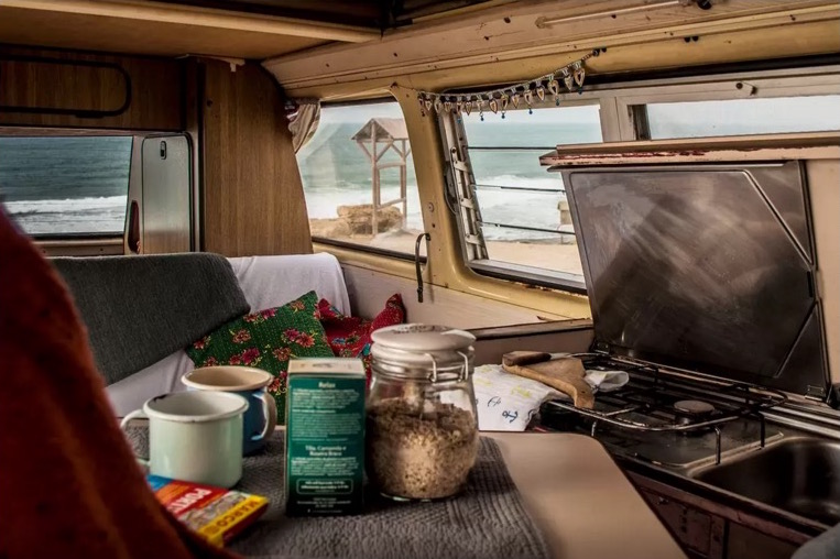 Vintage camper van by the ocean 11