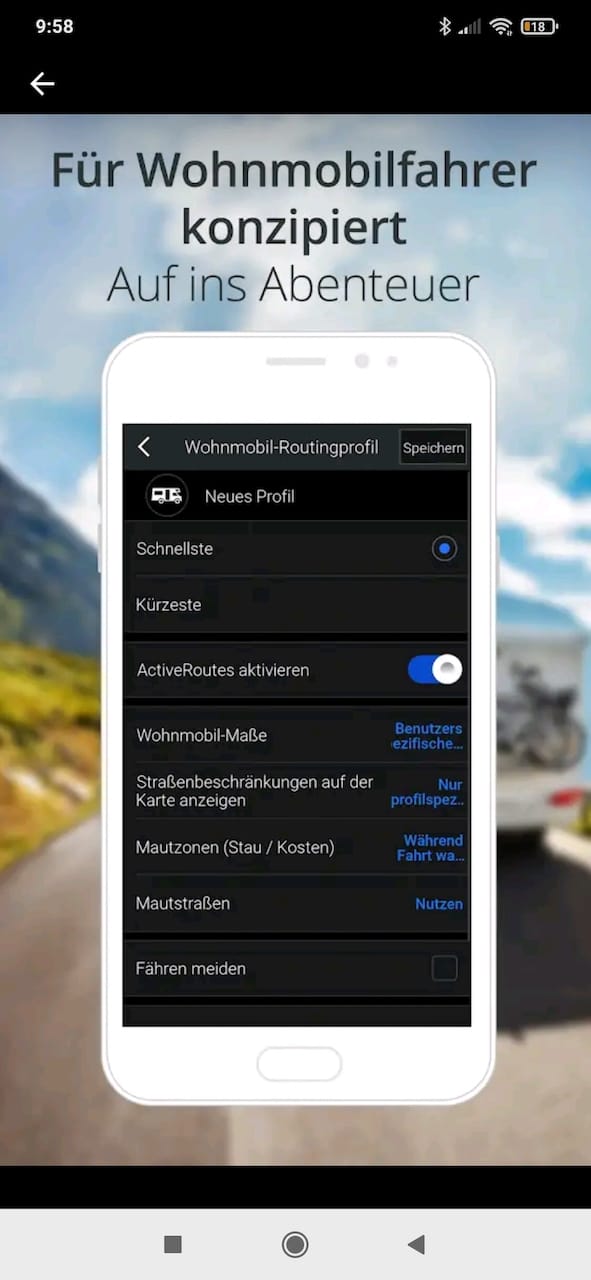 Captura de pantalla del GPS Copilot para navegar en autocaravanas y caravanas