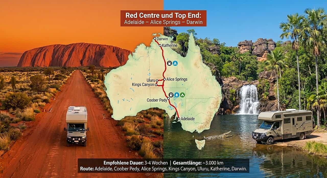 Autocaravana en el interior de Australia con mapa y cascada al fondo, climatizada y flexible en la carretera.