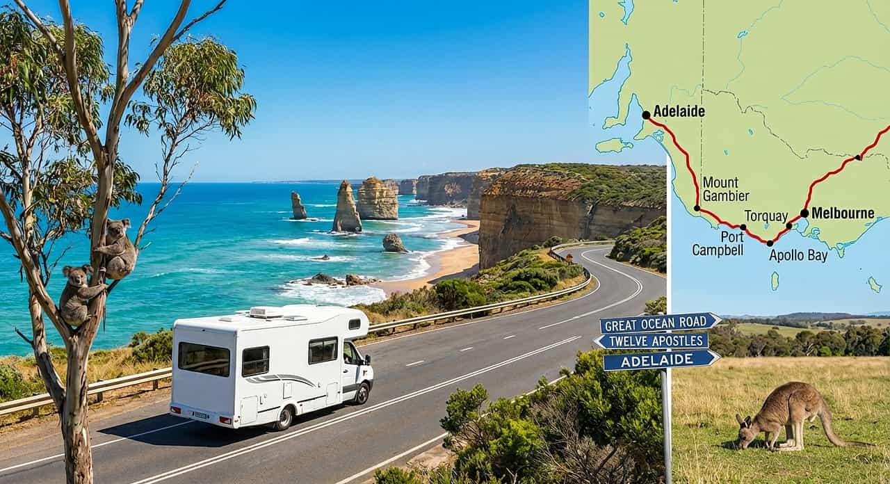 Autocaravana en una carretera costera australiana con canguros, rocas y el mar de fondo.
